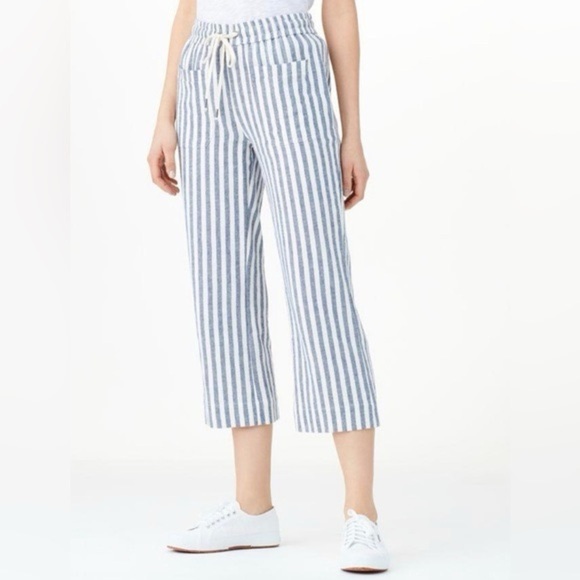 Splendid blue & white striped cotton linen wide leg cropped pants - Large - Picture 2 of 7